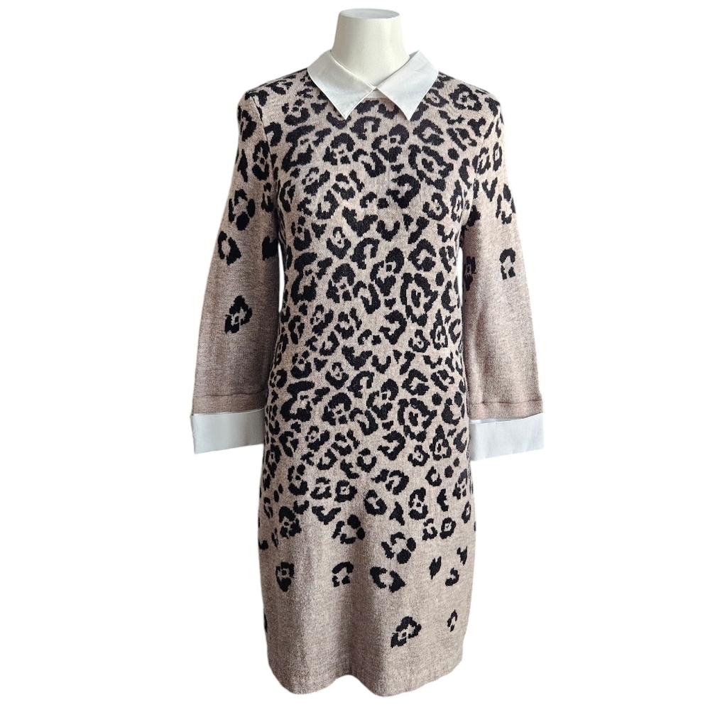 CYNTHIA ROWLEY Wool‎ Sweater Dress  Leopard Brown Black Sz Medium Acadamia